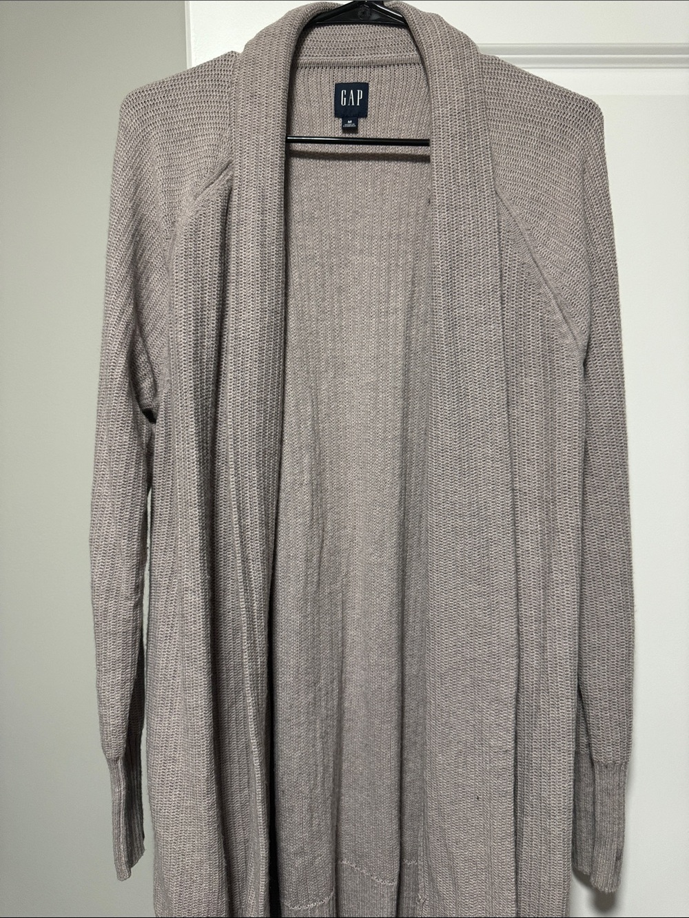 GAP Long Open-Front Knit Cardigan in Taupe Gray